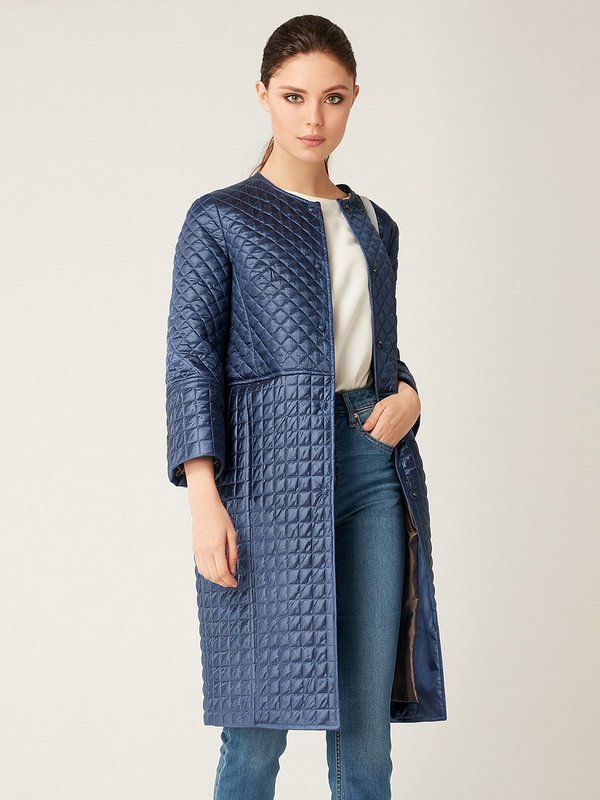 Blue Quilted 3/4 Sleeve Coat