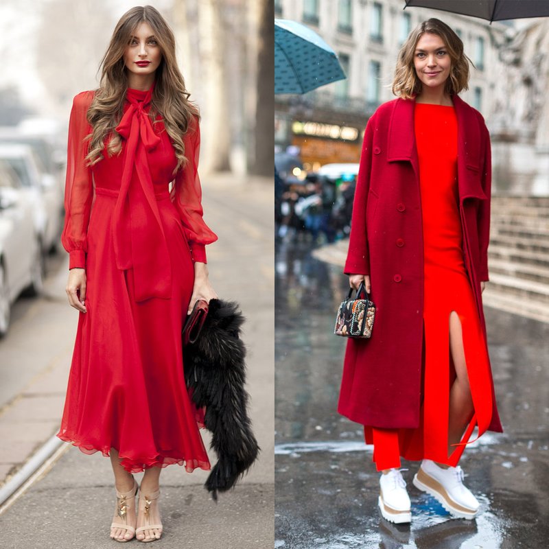 look printemps dans une longue robe rouge