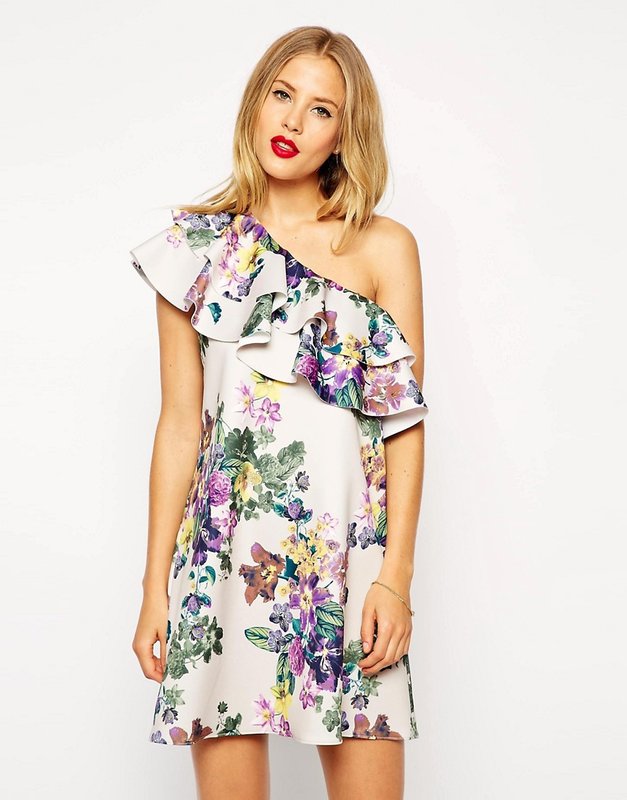 Floral print isang balikat frill dress