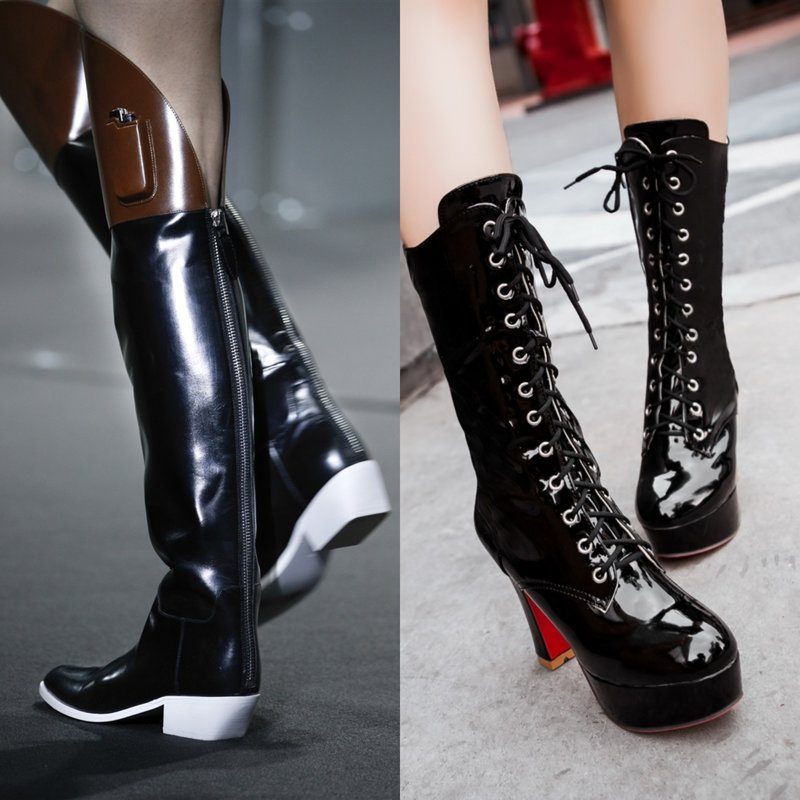 Mga modelo ng mataas na patent na leather boots