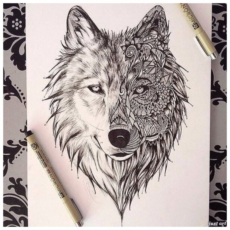 Mukha ng Wolf - sketch para sa tattoo