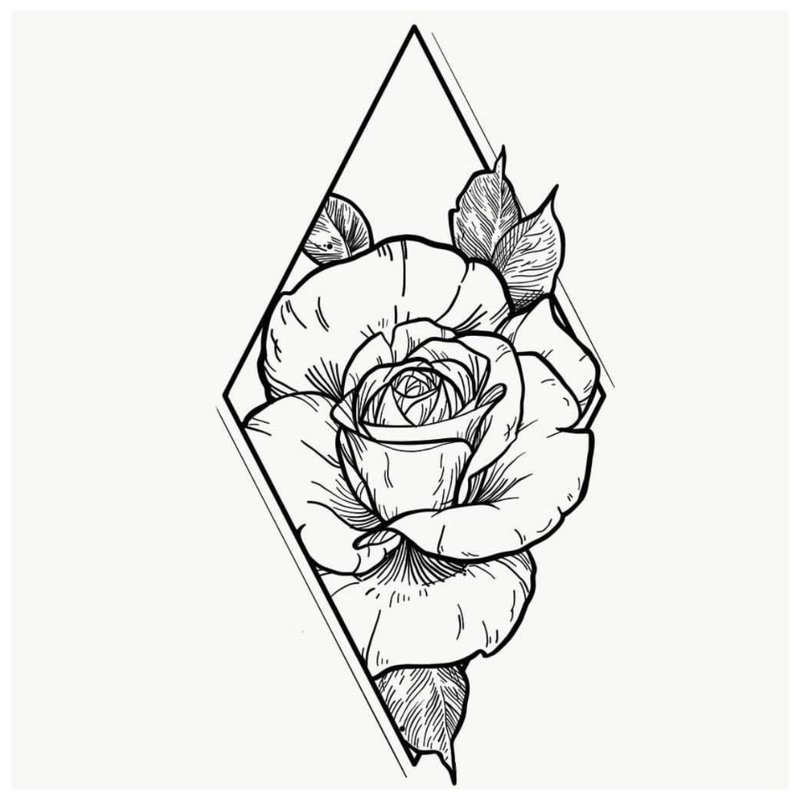 Sketch ng isang rosas na tattoo sa isang rhombus