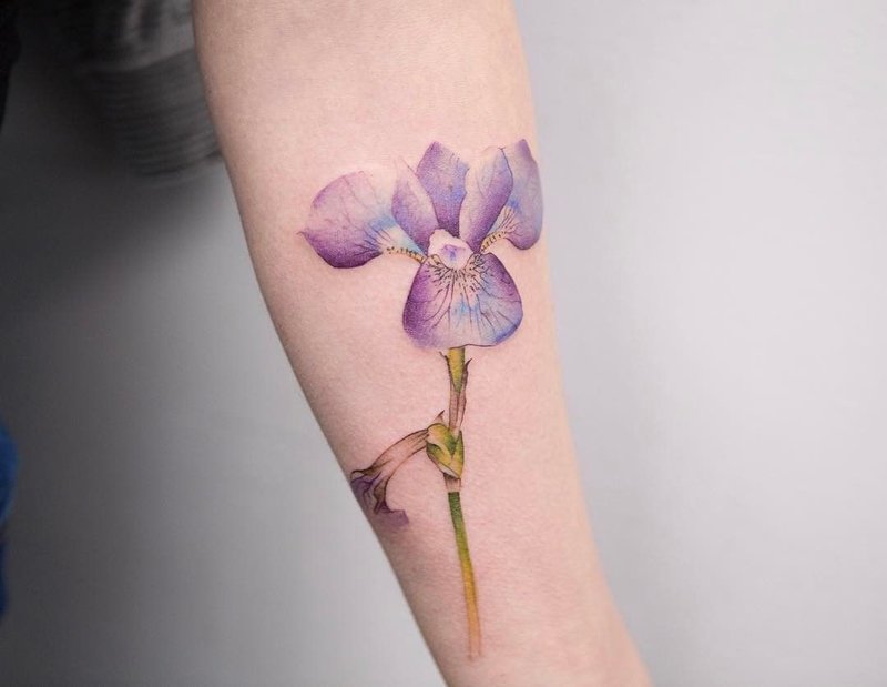 Ang tattoo ng bulaklak ng watercolor sa bisig